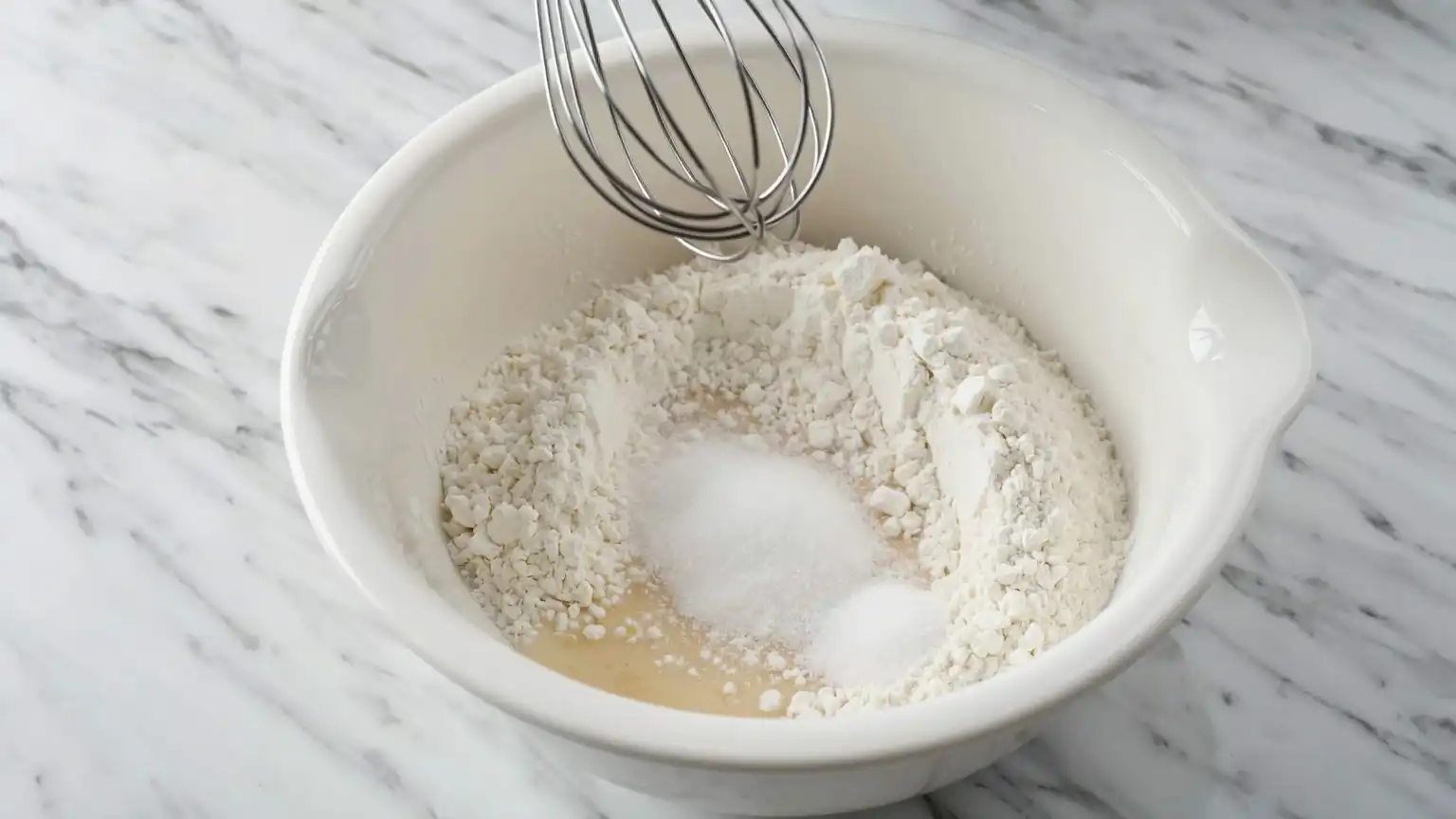 hawaiian-pineapple-cake-dry-ingredients-whisked Whisking dry ingredients for Hawaiian Pineapple Cake: flour, sugar, baking powder, baking soda, and salt in a large bowl on white marble countertop.