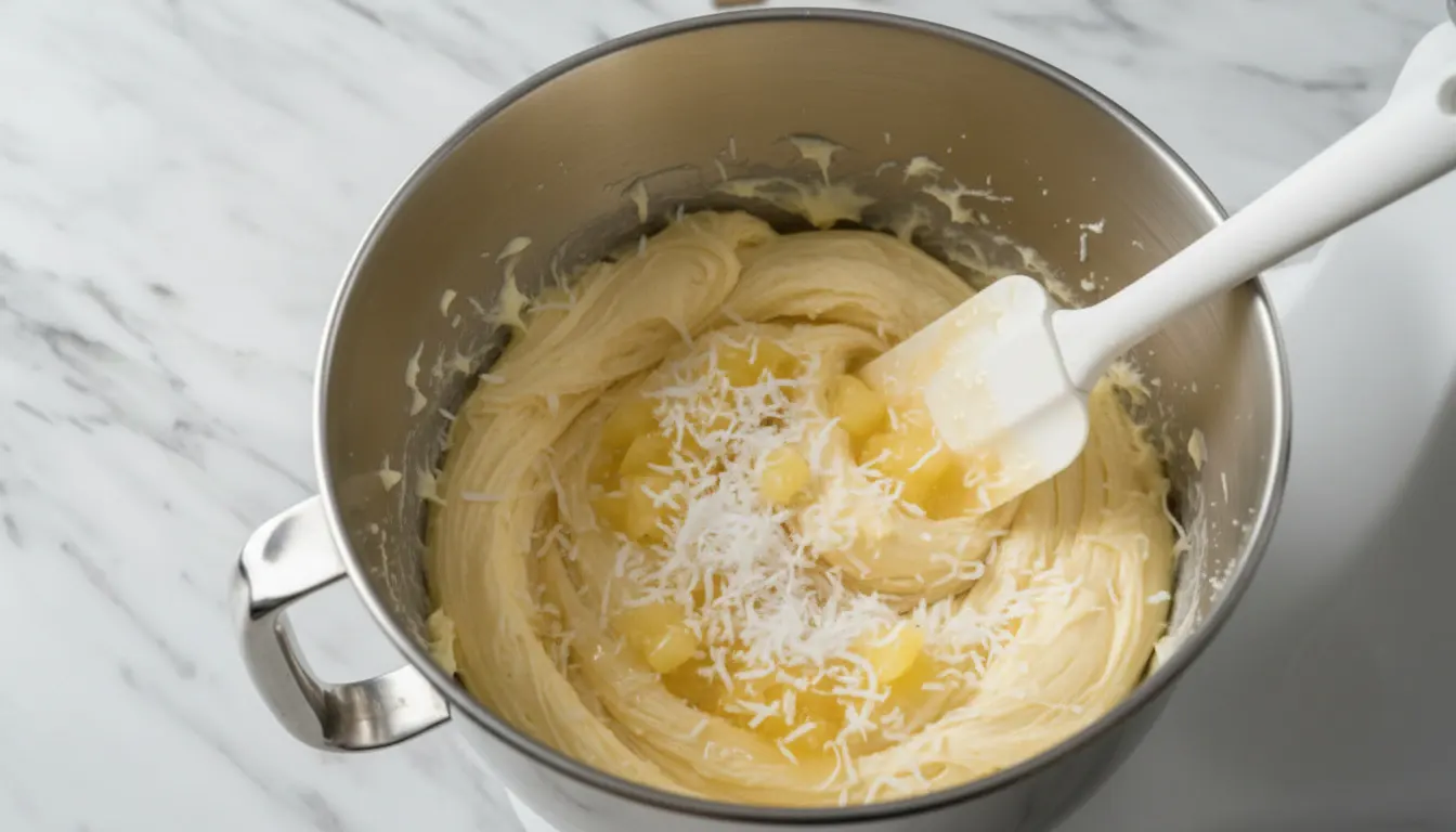 hawaiian-pineapple-cake-fold-in-pineapple-coconut Folding crushed pineapple and shredded coconut into Hawaiian Pineapple Cake batter with a rubber spatula on a marble countertop.