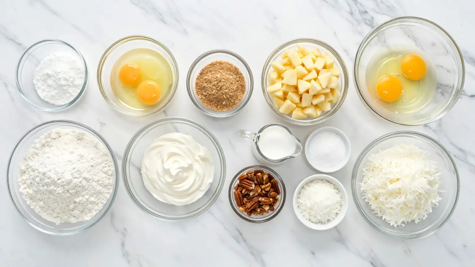 hawaiian-pineapple-cake-ingredients-image Ingredients for Hawaiian Pineapple Cake on marble surface: flour, sugar, eggs, butter, buttermilk, crushed pineapple, coconut, cream cheese, vanilla, powdered sugar, and toasted coconut. High-quality baking ingredients flat lay.
