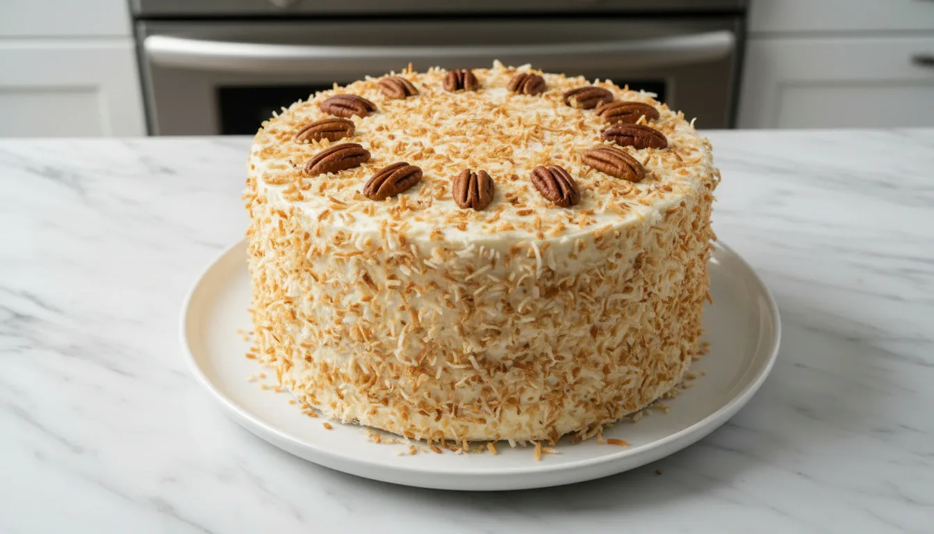 hawaiian-pineapple-cake-with-toasted-coconut-and-macadamia-nuts Hawaiian pineapple cake with cream cheese frosting and toasted coconut, topped with macadamia nuts.
