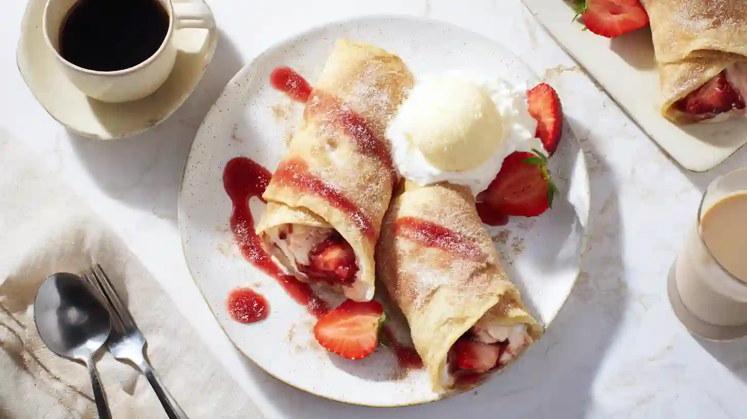 Served strawberry cheesecake chimichangas with raspberry coulis, vanilla ice cream, whipped cream, and coffee — the ultimate dessert plate pairing