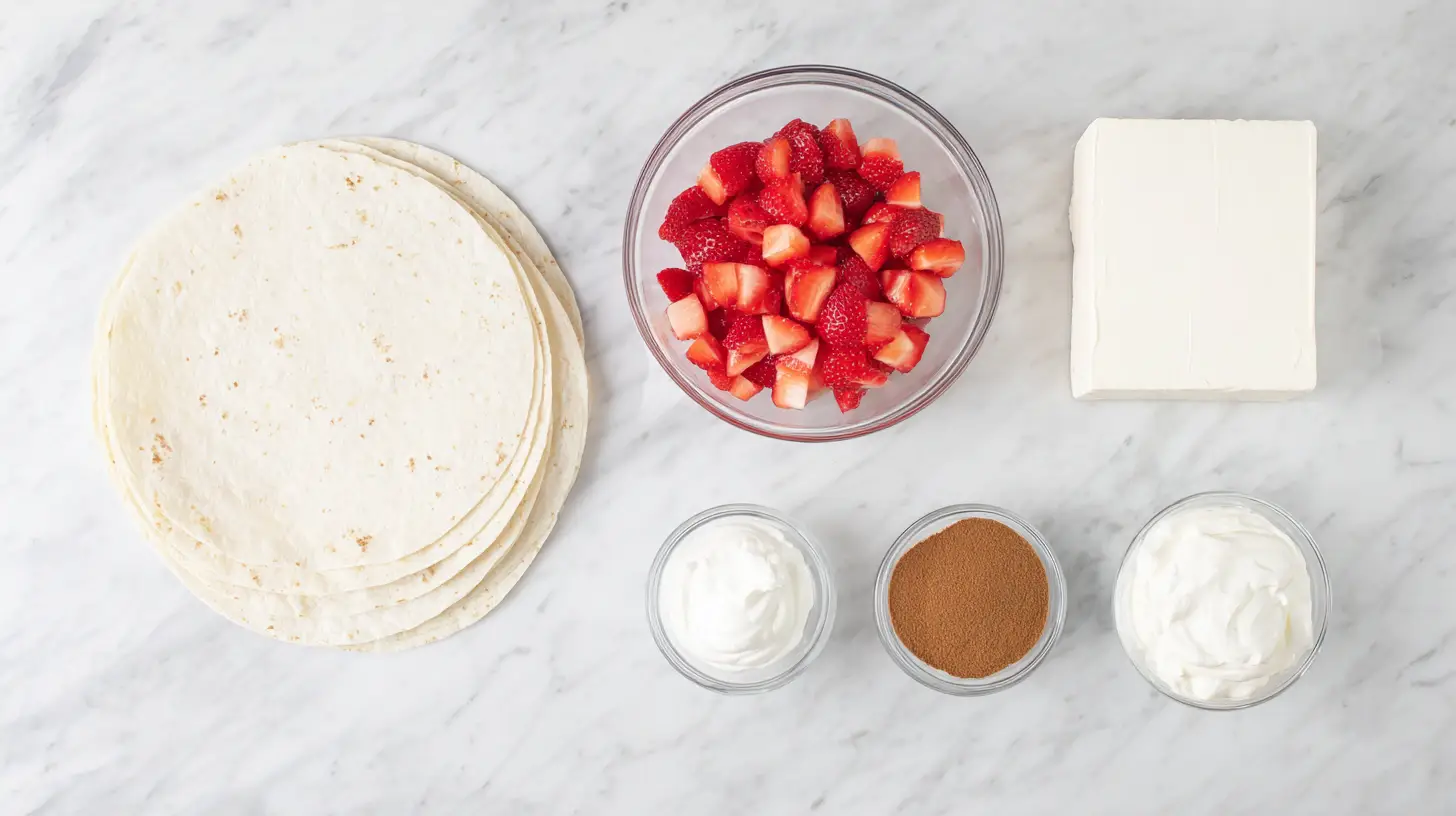 Flat lay of ingredients Strawberry Cheesecake Chimichangas including soft flour tortillas, block cream cheese, fresh diced strawberries, and cinnamon sugar.