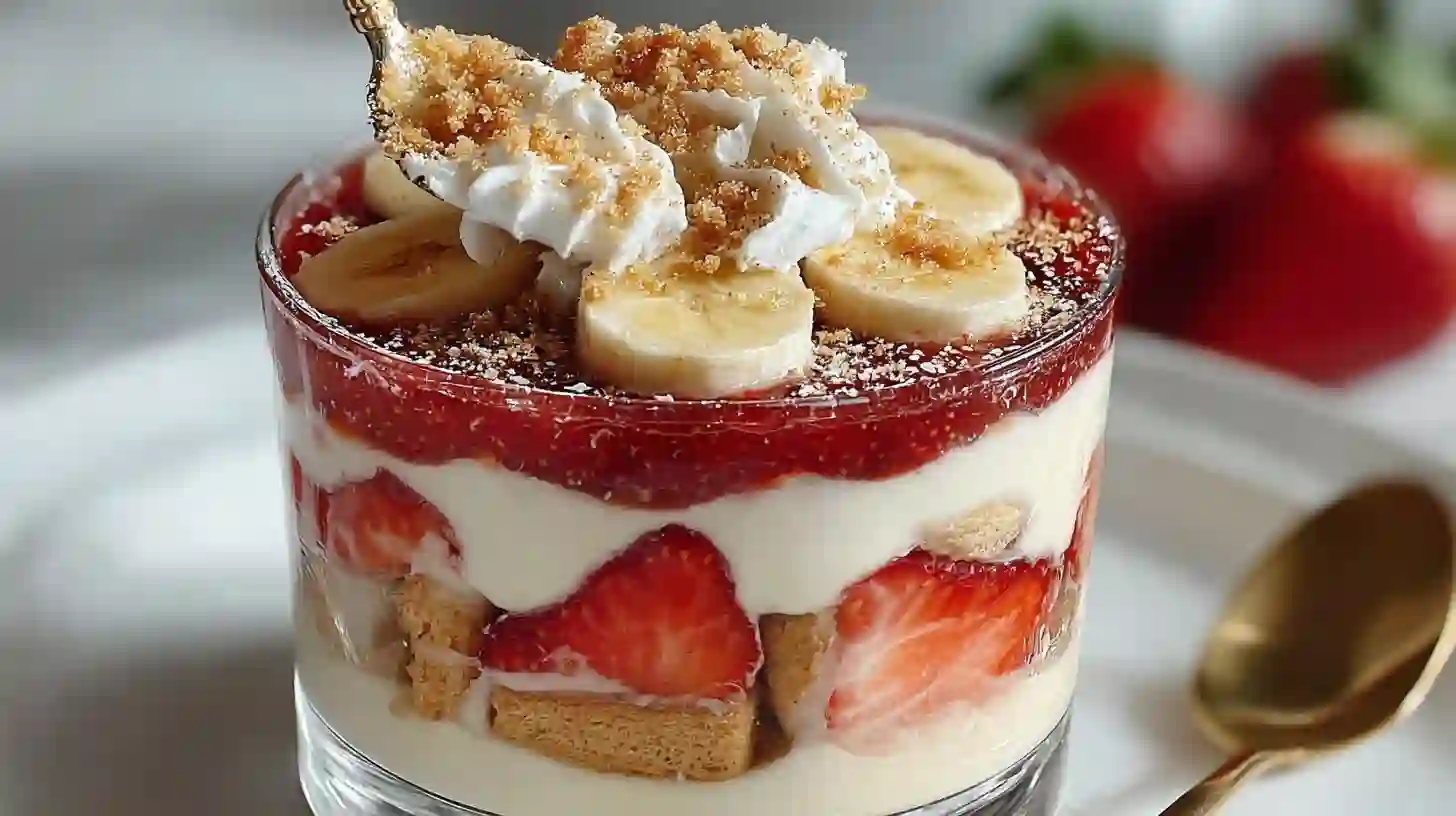 Layering vanilla pudding, fresh banana slices, crushed cookies, and strawberries for an easy no bake summer dessert recipe