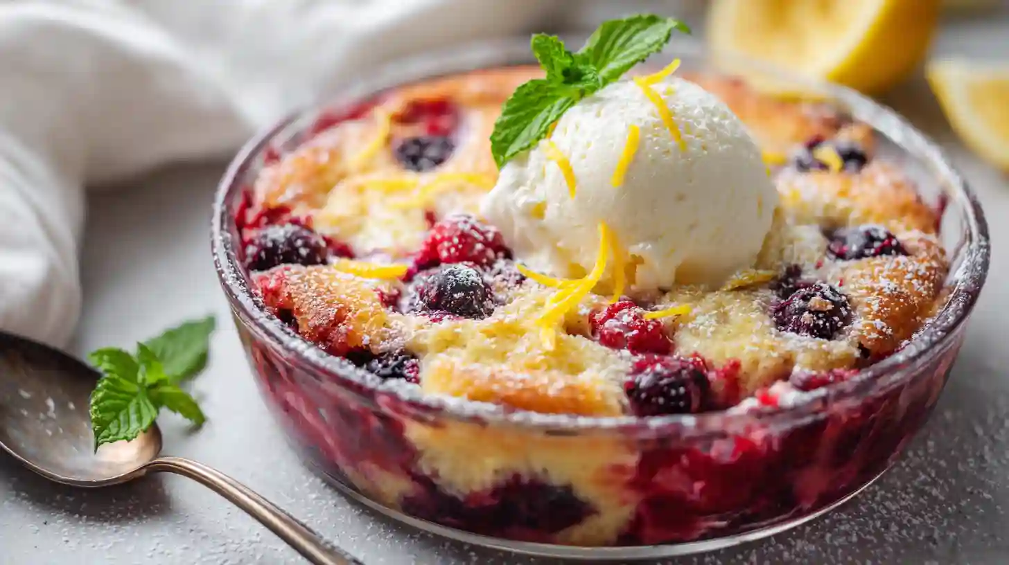Lemon berry cheesecake dump cake recipe for spring, easy dessert idea for beginners with cream cheese and mixed berries.