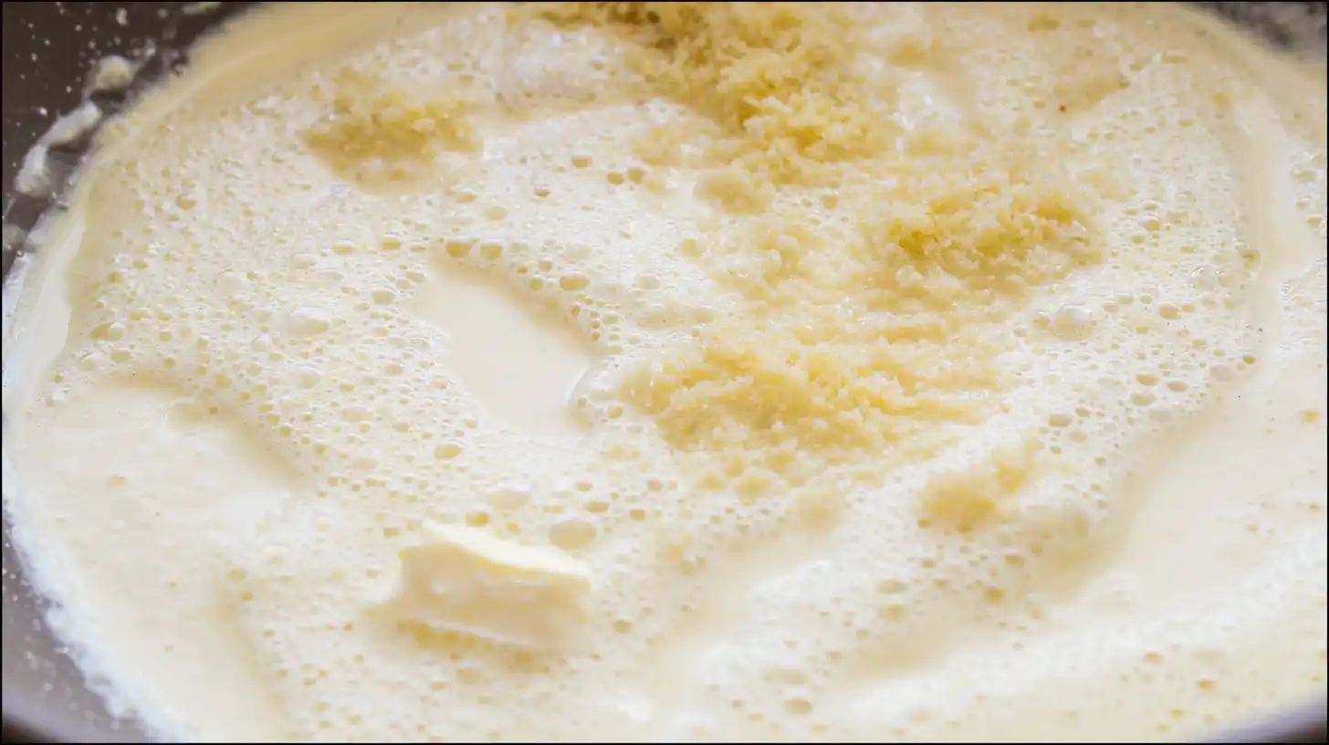 Making creamy Alfredo sauce with butter, garlic, heavy cream, and Parmesan for steak pasta dinner recipe