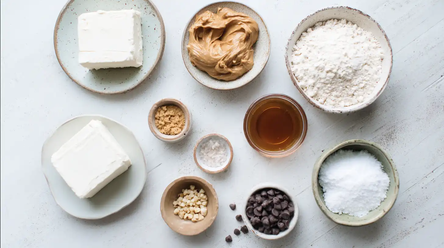 Real photo of ingredients for no-bake peanut butter cheesecake balls with cream cheese, graham crumbs, and chocolate