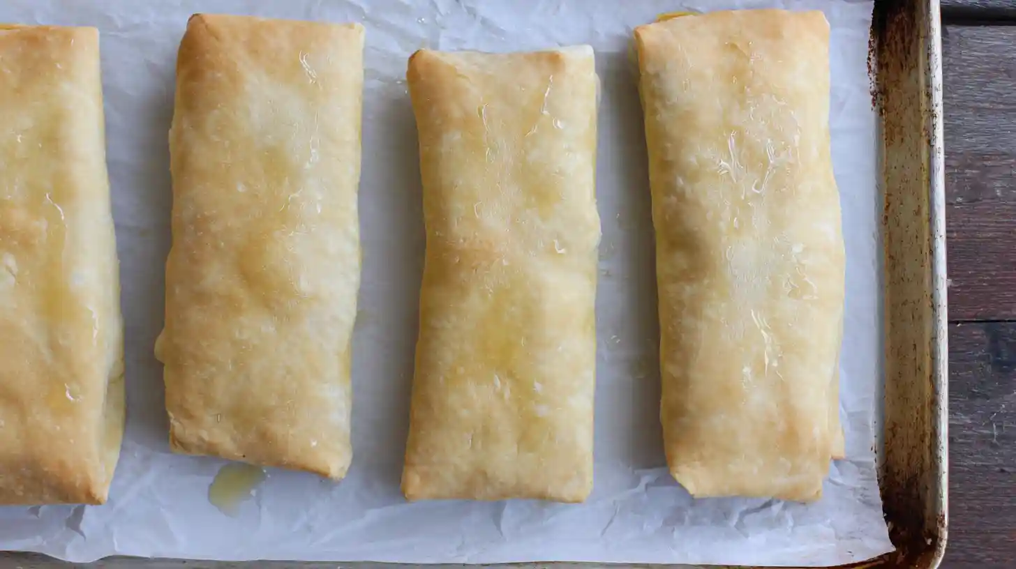 Three baked chimichangas lined up on parchment paper on a baking sheet with smooth golden surfaces.
