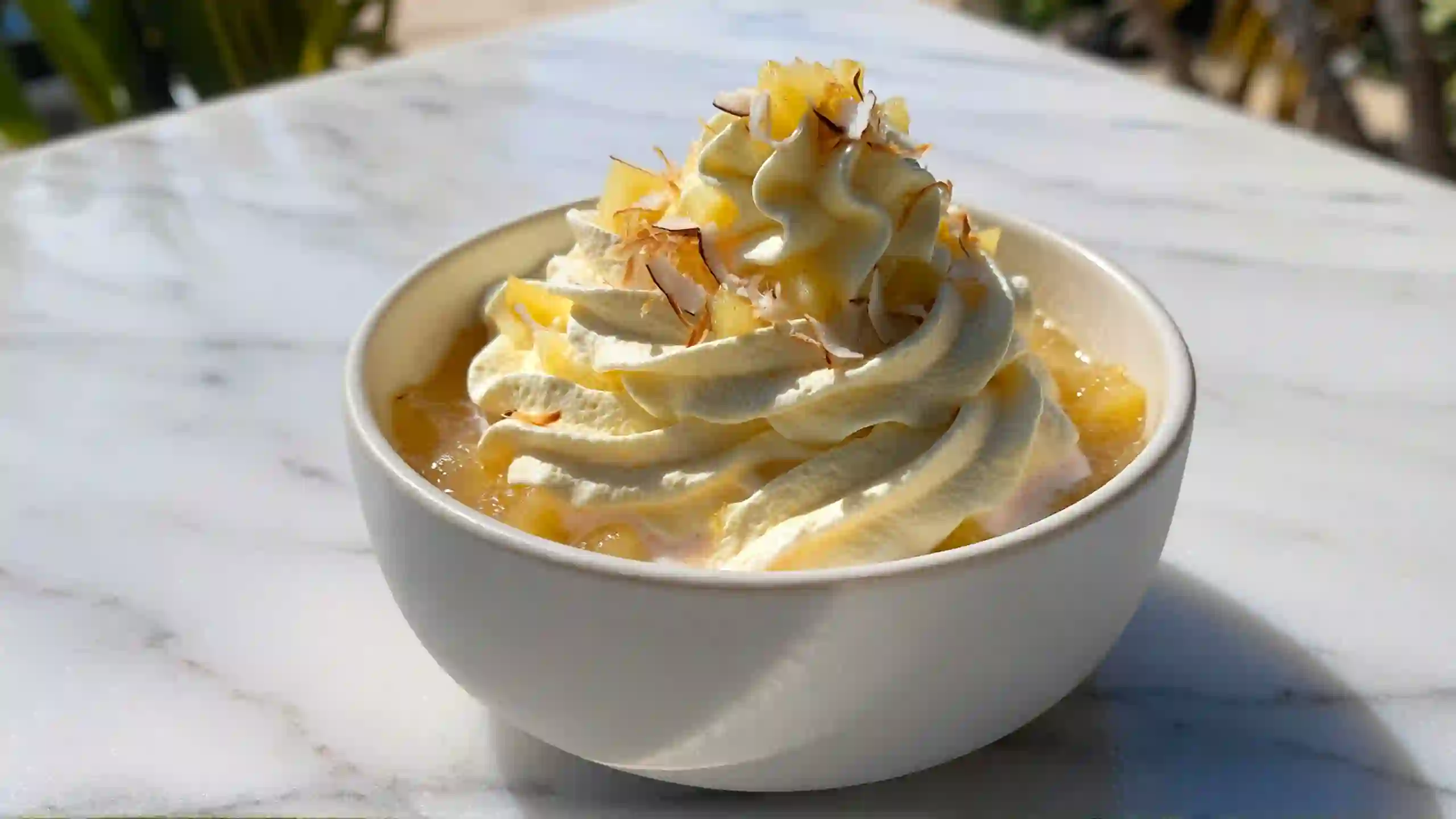 Pineapple coconut Cool Whip dessert topping in a white bowl .Delicious and Easy Cool Whip Flavor Variations fluffy tropical whipped cream made with real fruit, cream of coconut, and perfect for summer cakes, fruit salads, and piña colada recipes.