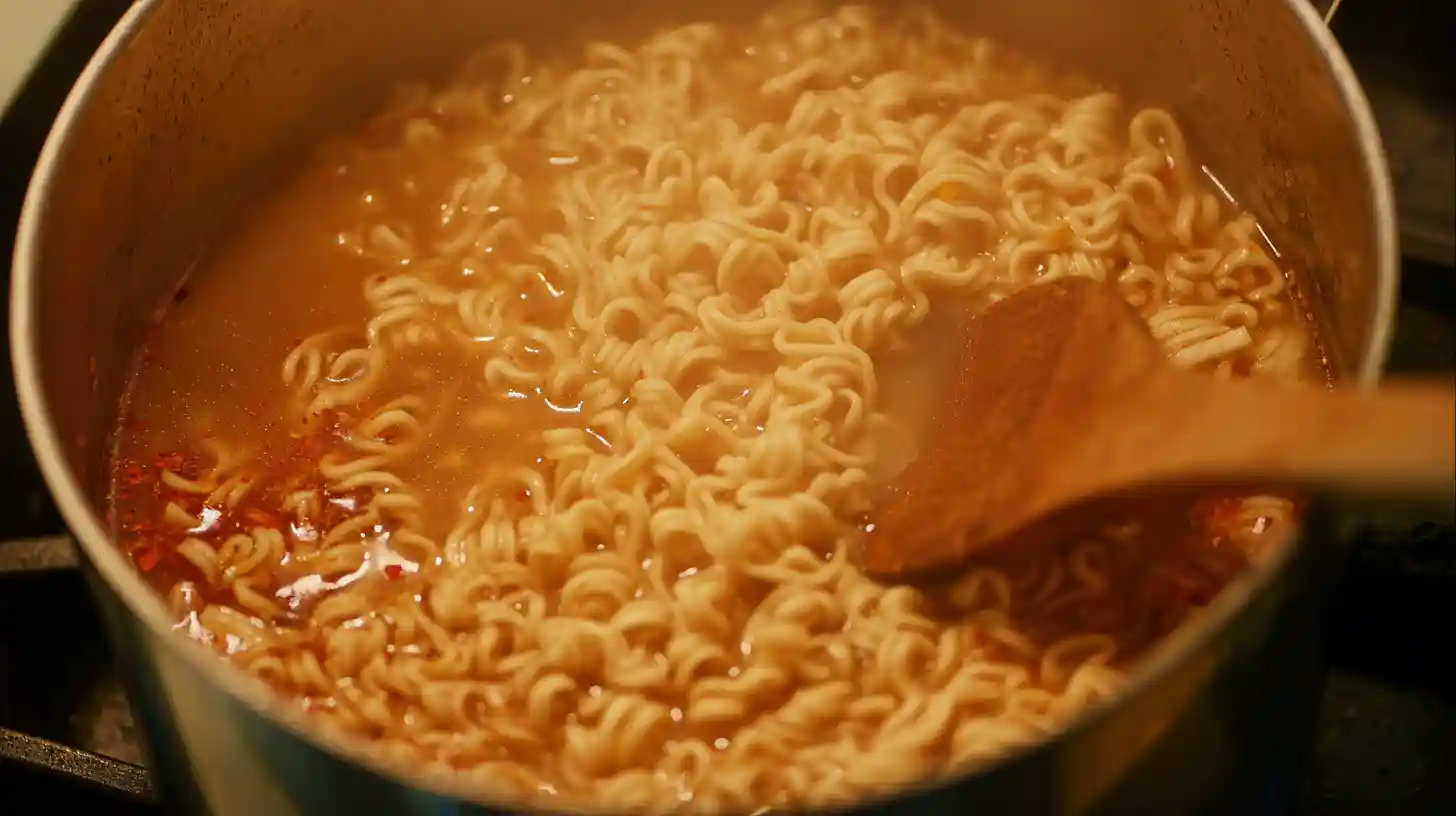 ramen-noodles-cooking-spicy-broth-soup Ramen noodles cooking in spicy garlic chili broth for shrimp dumpling noodle soup – quick and easy Asian dinner idea