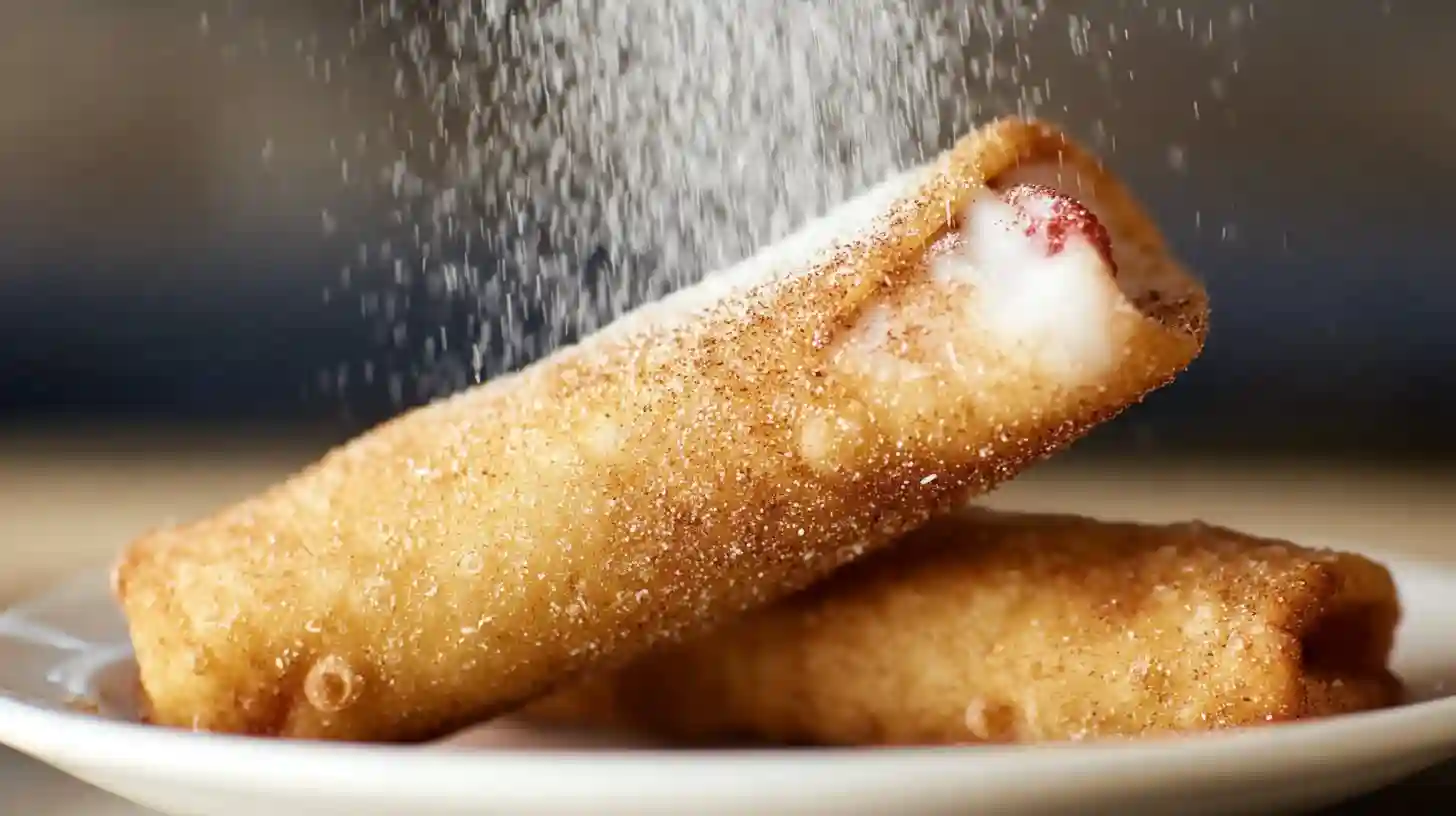 Hot fried chimichanga being rolled in a mixture of granulated sugar and ground cinnamon.