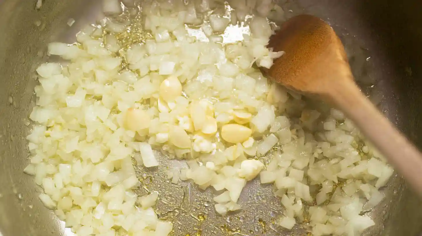 saute-onion-garlic-for-easy-creamy-soup Sautéing onion and garlic in olive oil for easy creamy soup recipes, perfect for healthy weeknight dinners and comforting fall meals.