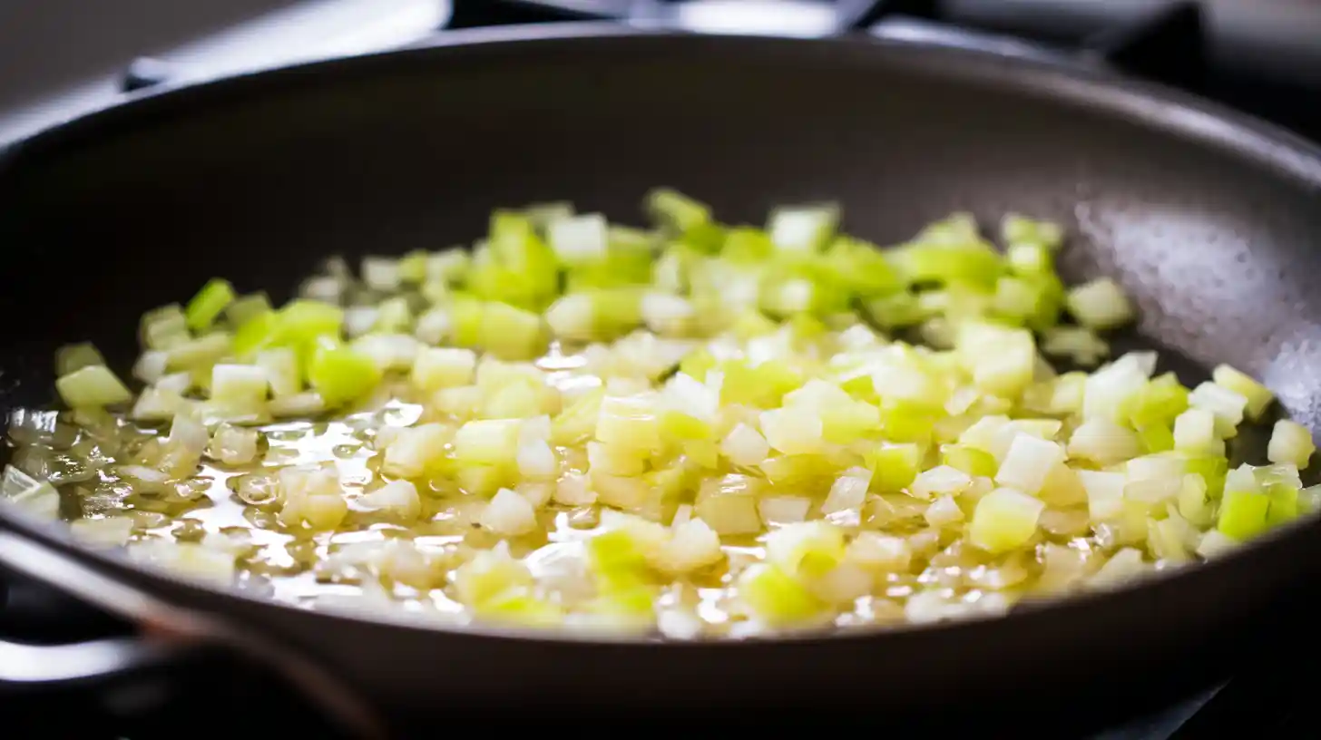 sautéed-onions-celery-easy-chicken-casserole-step1 Sautéed onions and celery in melted butter for an easy chicken casserole dish, perfect for comforting family meals.