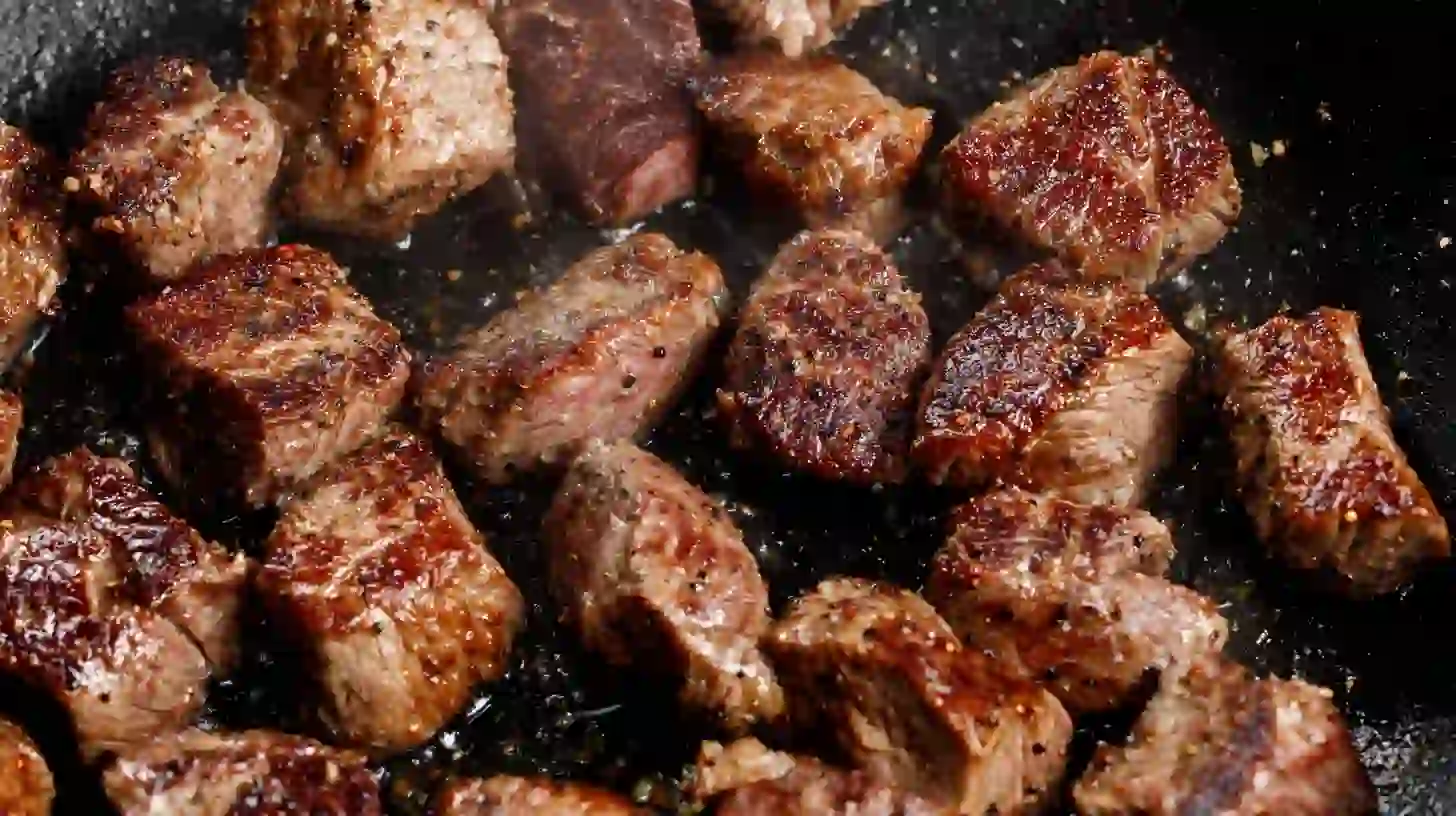 Searing seasoned sirloin steak in olive oil for high-protein creamy steak and broccoli Alfredo spaghetti