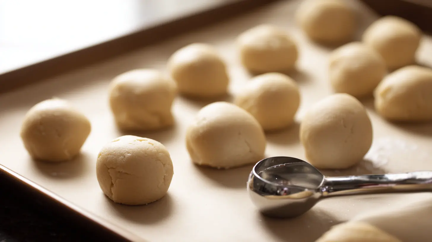 Rolling cookie dough balls for homemade cream cheese cookies before baking — best dessert for special occasions and comforting desserts made from scratch.