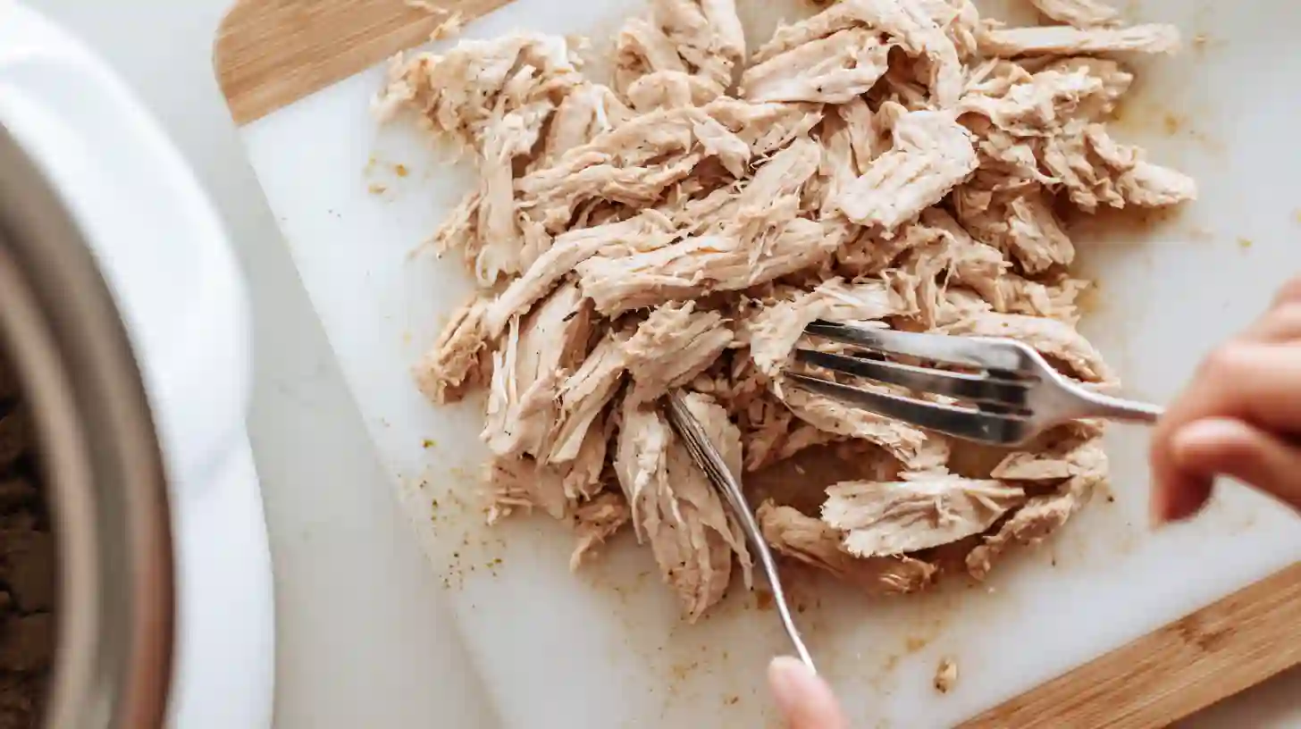 Shredding slow-cooked chicken breasts with forks for creamy green enchilada chicken soup in Crock Pot – easy low-carb high-protein soup recipe