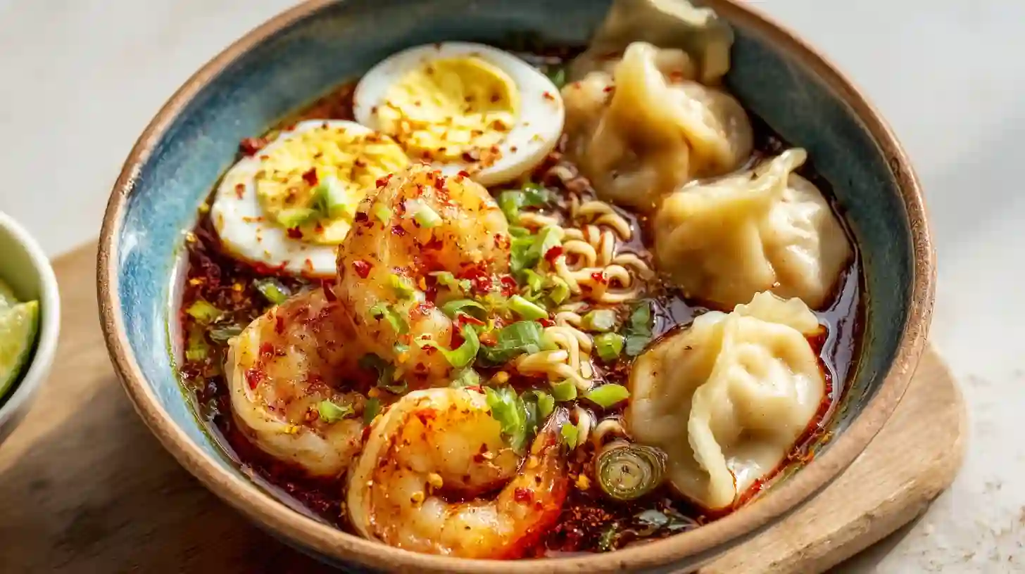 shrimp-dumpling-noodle-bowl-assembled-serving Spicy shrimp dumpling noodle bowl with ramen, chili oil broth, seared shrimp, dumplings, scallions, and boiled eggs – easy high-protein Asian dinner