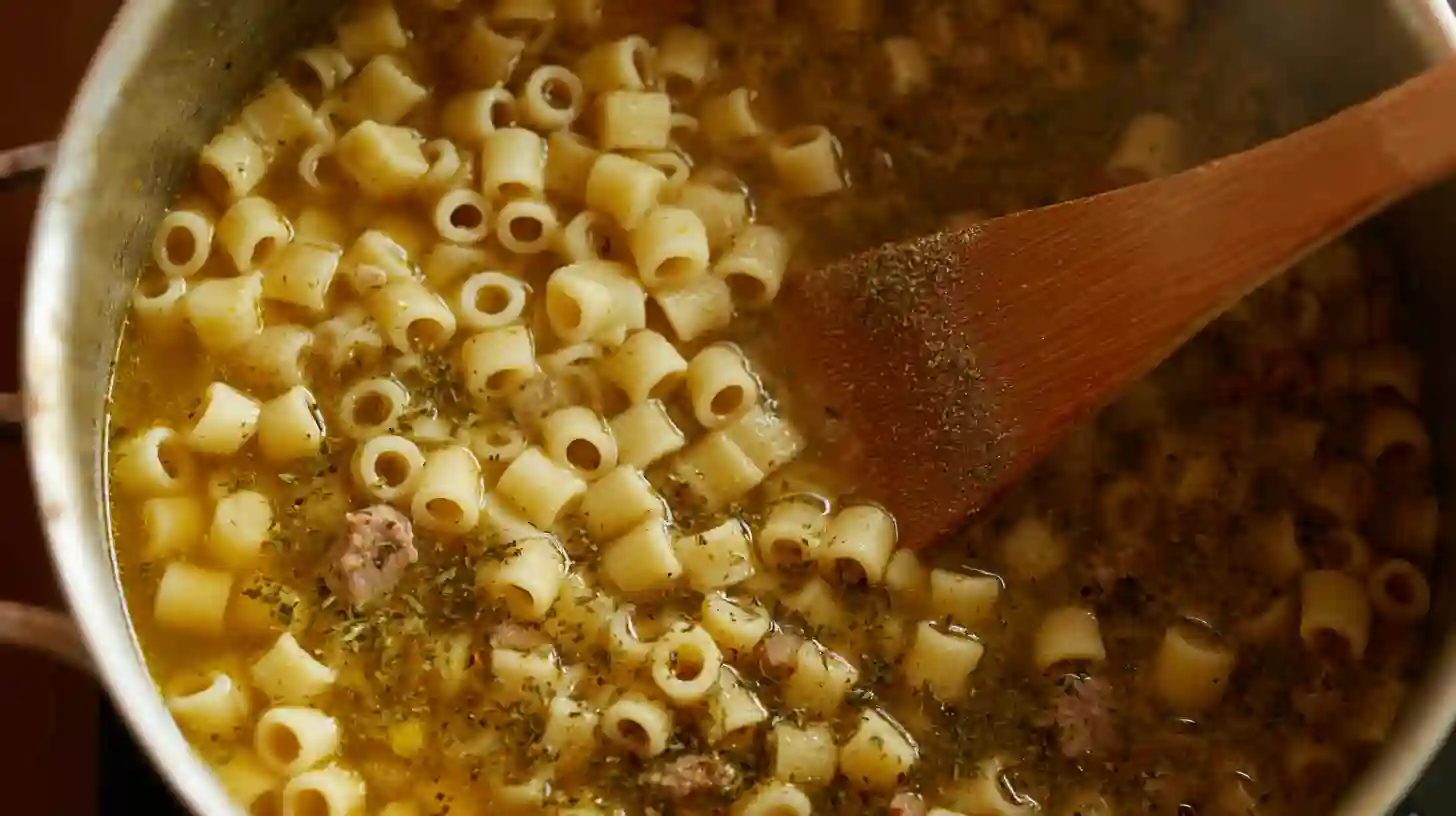 simmering-ditalini-in-italian-creamy-soup Adding ditalini pasta and Italian seasoning to simmering broth for quick creamy soup recipes and easy weeknight comfort meals.