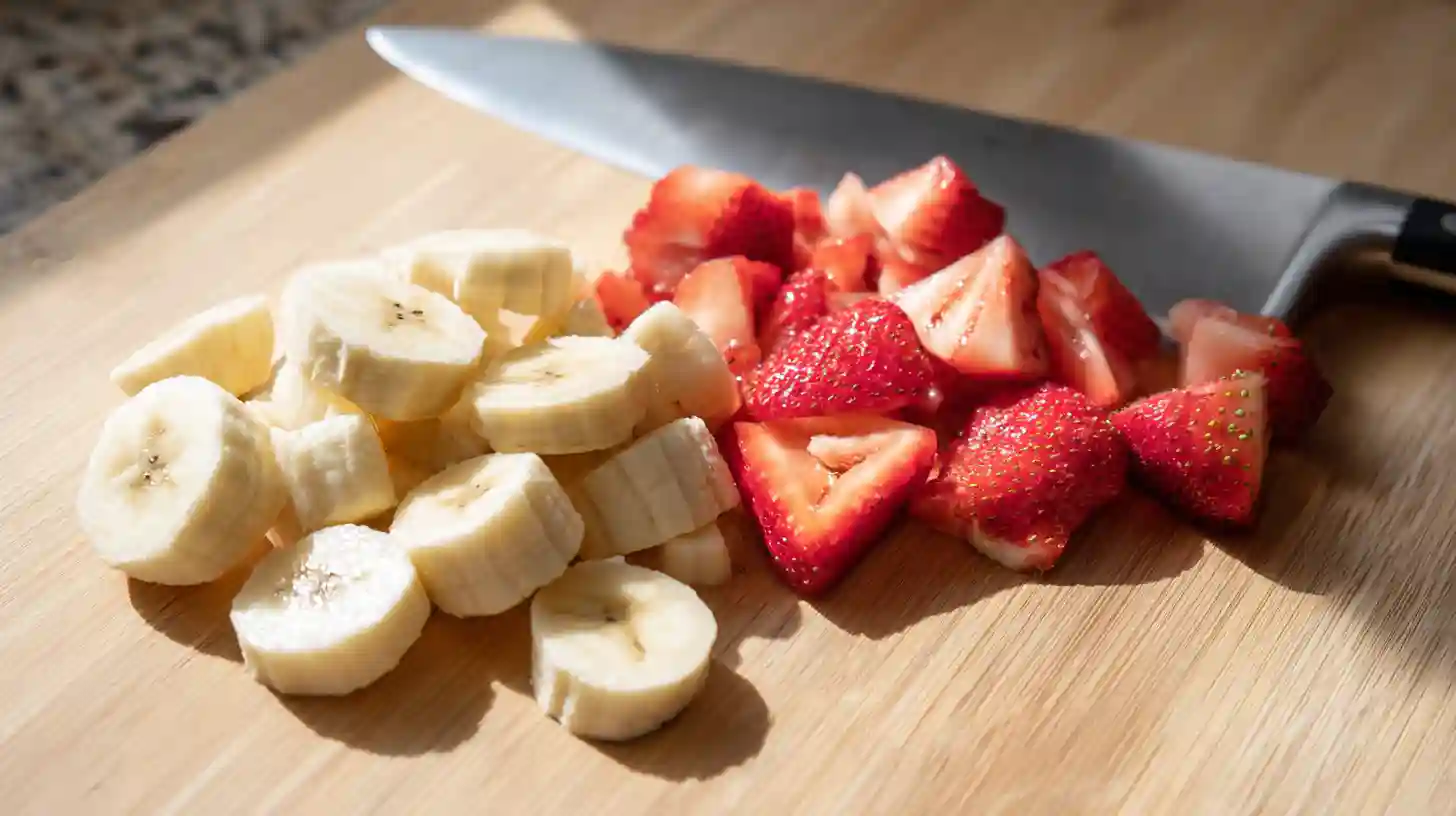 Step-by-step fruit dessert prep showing sliced strawberries and bananas for an easy no bake summer dessert recipe