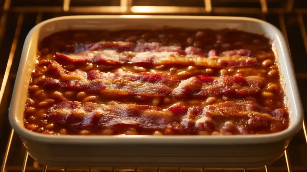 Southern baked beans slow-cooking in the oven with crispy bacon on top — the best side dish for summer cookouts and comfort food lovers.