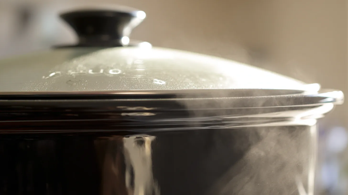 Slow cooker with lid closed and steam inside while cooking Crock Pot green enchilada chicken soup on low heat – easy creamy chicken soup recipe