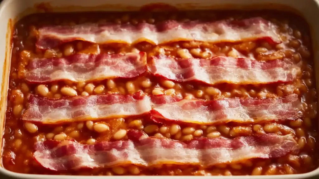 Folding pork and beans into smoky BBQ sauce for homemade Southern baked beans — a quick comfort food with pantry staples and bold flavor.