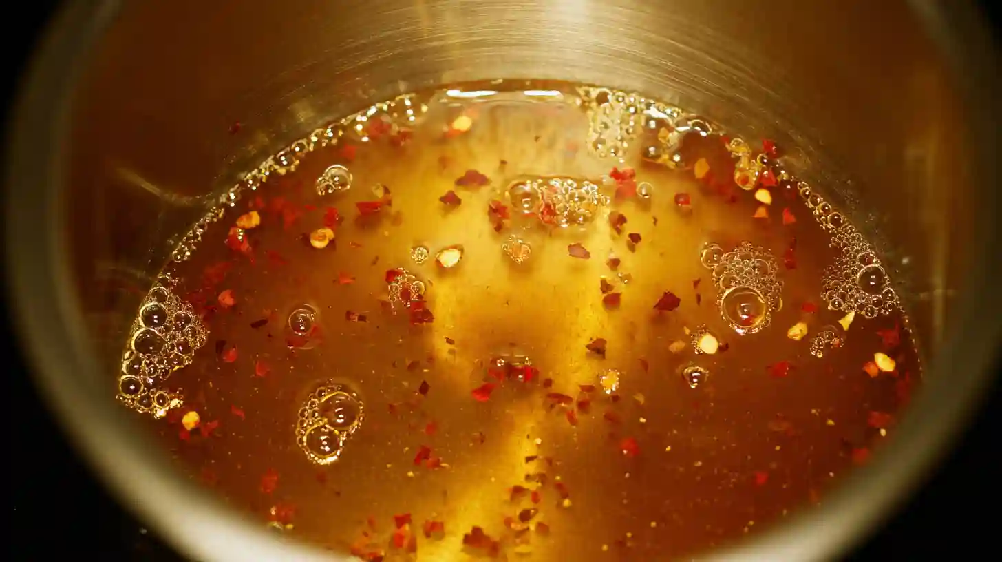 Simmering hot honey glaze with red pepper flakes in a saucepan.