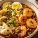 Spicy shrimp dumpling noodle bowl with red chili oil, fresh cilantro, green onions, and thick noodles in a ceramic bowl on wooden surface