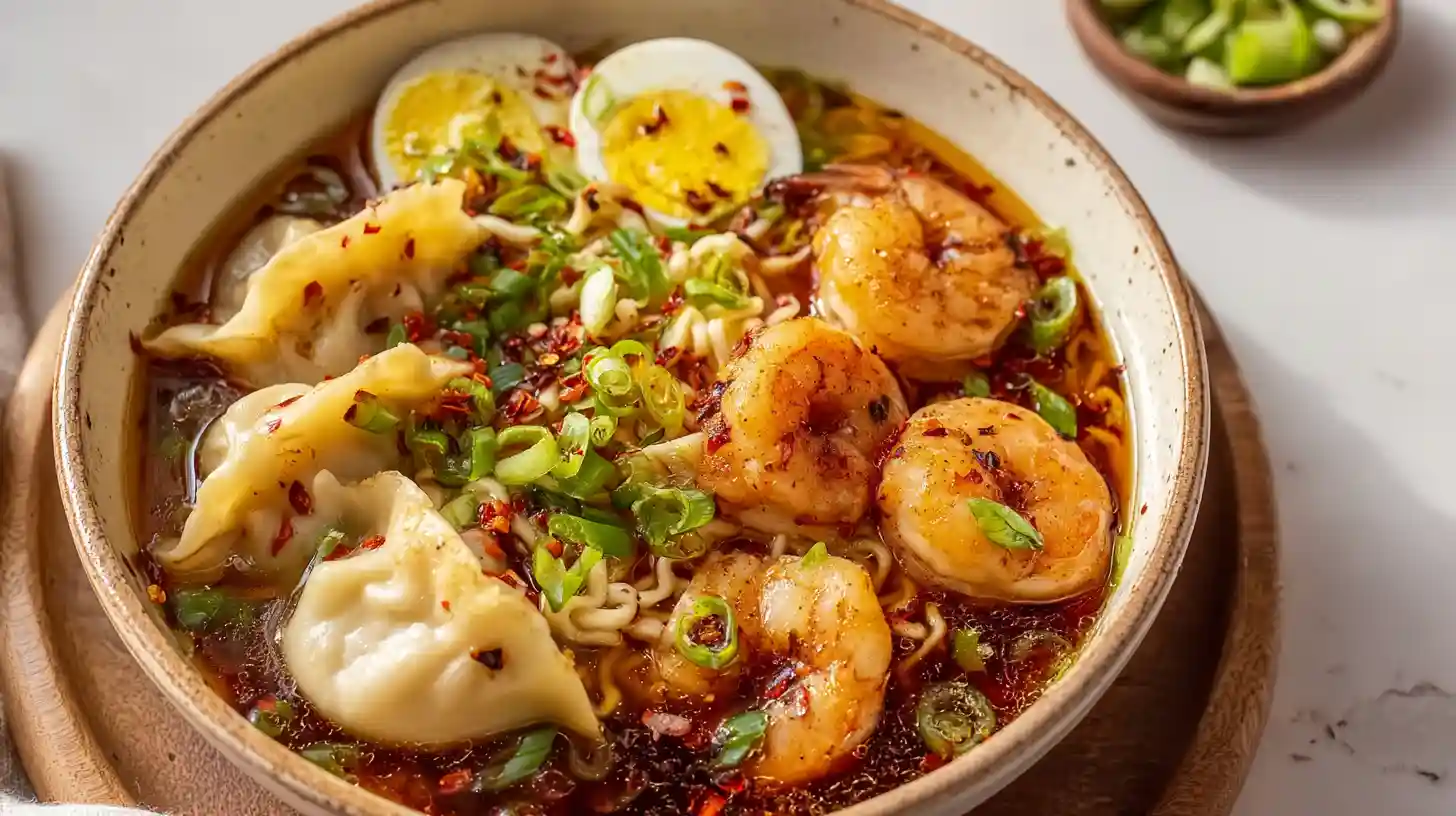 Spicy shrimp dumpling noodle bowl with red chili oil, fresh cilantro, green onions, and thick noodles in a ceramic bowl on wooden surface