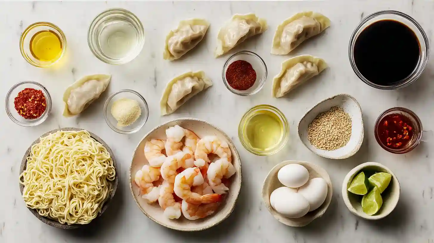spicy-shrimp-dumpling-noodle-bowl-ingredients-image Overhead shot of spicy shrimp dumpling noodle bowl ingredients including ramen noodles, raw shrimp, dumplings, broth spices, and chili oil on a clean prep surface