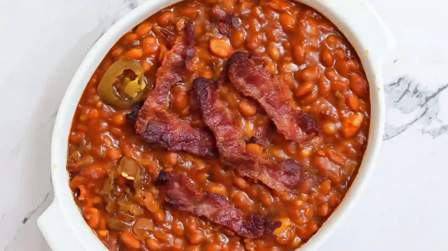 Spicy Southern-style baked beans with bacon and jalapeños — the ultimate comfort dinner for busy moms and heat lovers looking for a bold twist.