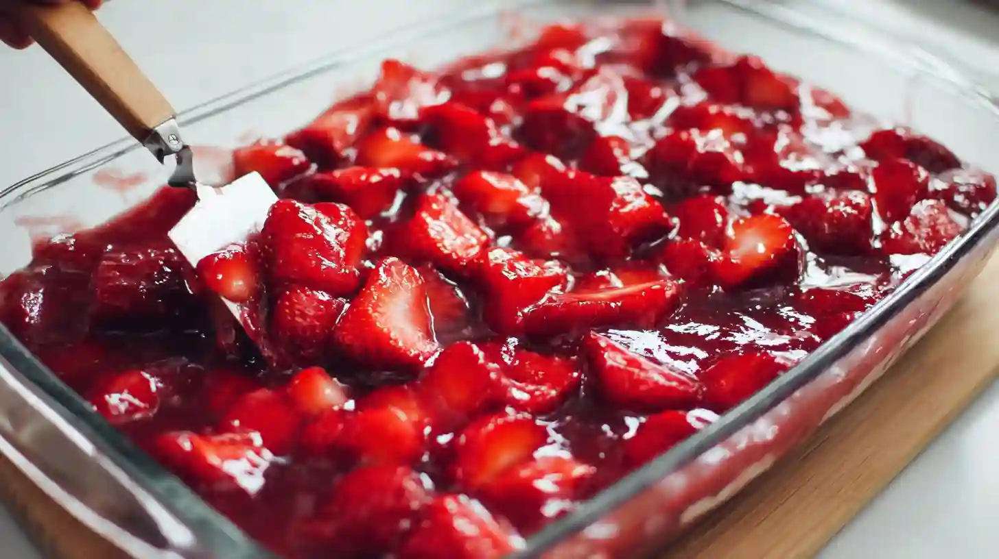 Spreading strawberry pie filling evenly for Easy strawberry cheesecake dump cake dessert, quick family-friendly dump cake recipe with cream cheese.