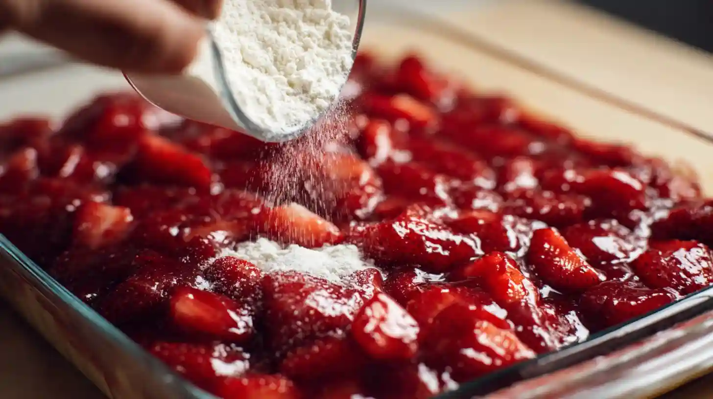 Sprinkling white cake mix over strawberry filling for quick strawberry cream cheese dessert, easy dump cake recipe for busy families.Easy strawberry cheesecake dump cake