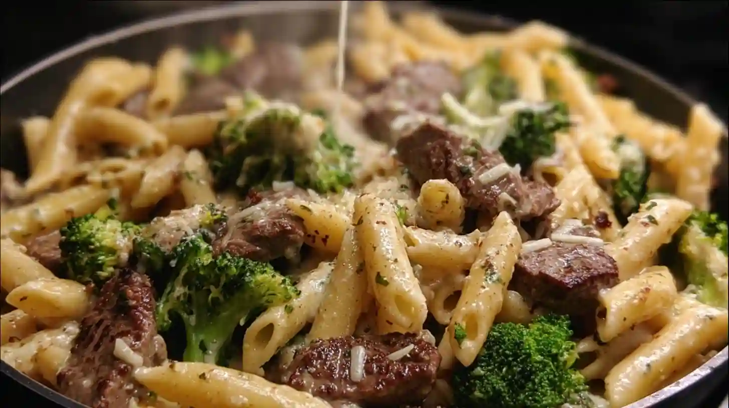 Garlic butter pasta with steak and broccoli tossed in parmesan — how to mix pasta with sauce for creamy steak and broccoli pasta