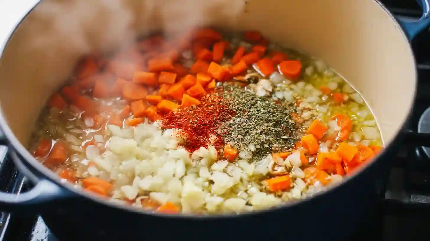 step-1-build-flavor-base-creamy-chicken-alfredo-soup Sautéing onion, carrot, and garlic in olive oil with Italian seasoning and red pepper flakes in a Dutch oven for easy homemade soup recipes.