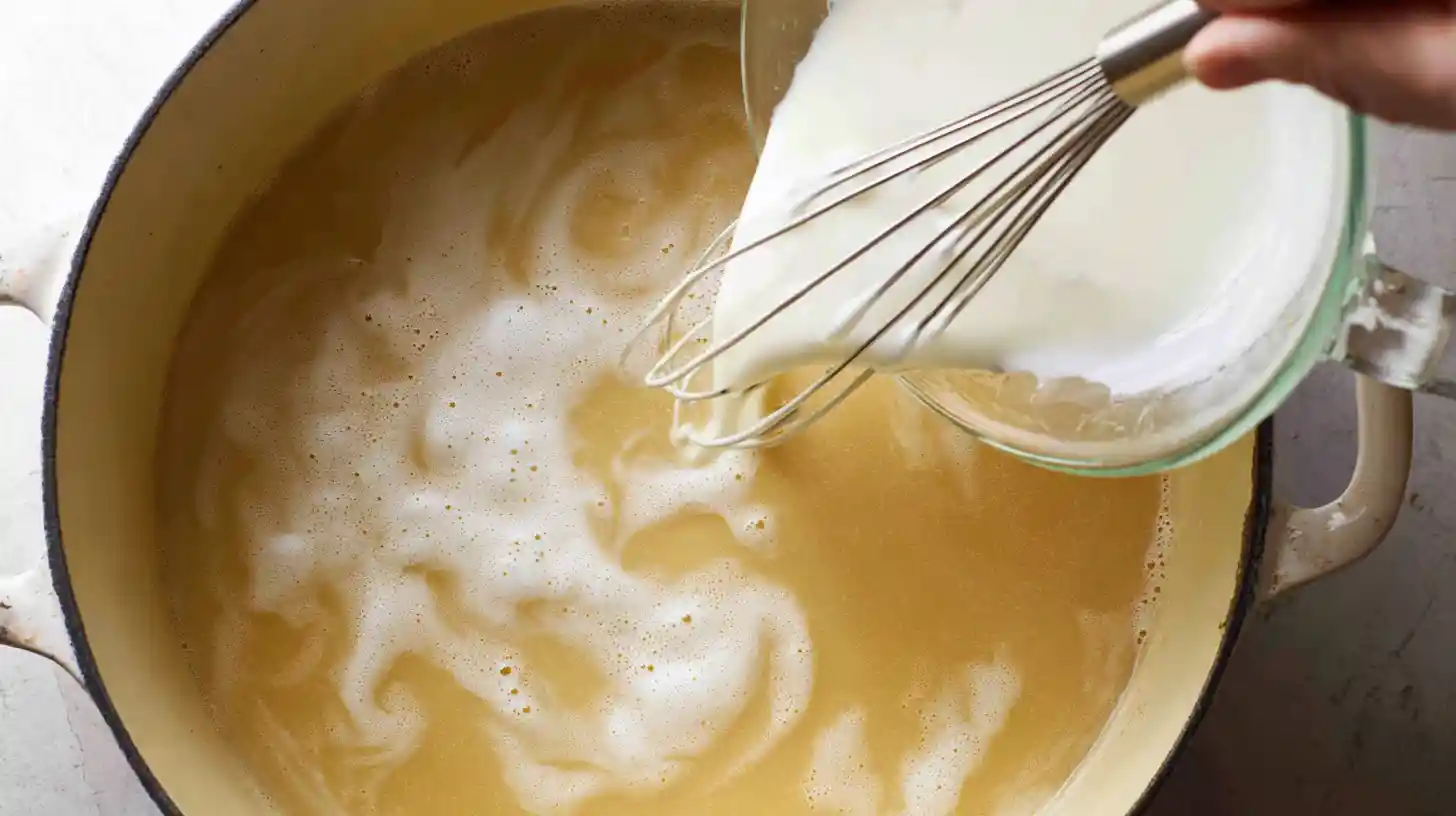 step-3-add-cream-broth-creamy-chicken-alfredo-soup Whisking heavy cream and chicken broth into a simmering pot for easy dinner recipes and rich and creamy soup ideas.