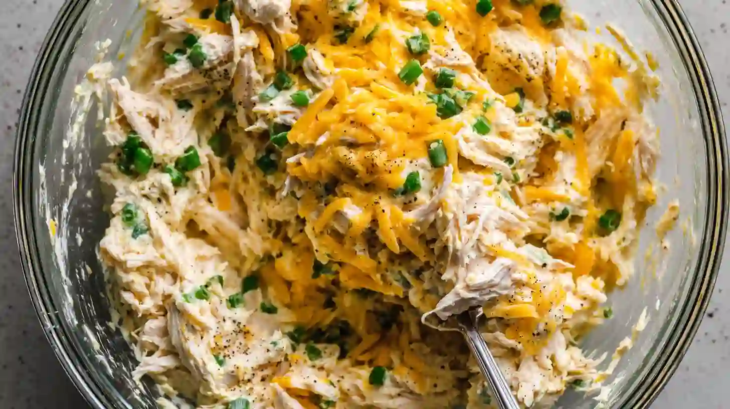 step1-cheesy-ranch-chicken-filling Mixing cheesy chicken ranch filling with cream cheese and shredded cheddar – a creamy high-protein dinner idea and easy weeknight chicken meal.