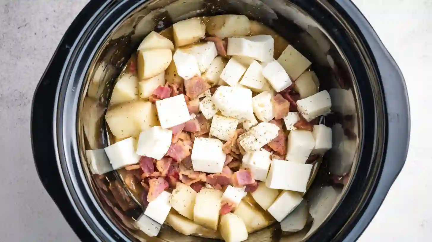 step1-crockpot-crack-potato-soup-base-ingredients Crockpot filled with frozen diced potatoes, cream cheese, ranch mix, and bacon for easy crockpot crack potato soup recipe – perfect family dinner idea with high-protein comfort food ingredients.