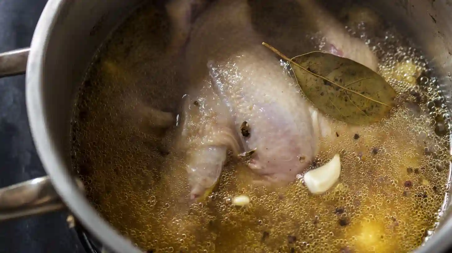 Whole chicken simmering in broth for homemade chicken and dumplings from scratch, an easy comfort dinner for busy moms.