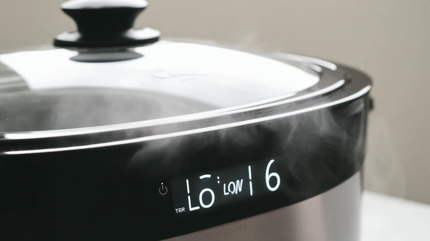 step2-crockpot-cooking-time-settings-potato-soup Slow cooker set to low for cooking creamy crockpot potato soup with bacon – easy slow cooker dinner recipe for busy moms and weeknight meal prep.