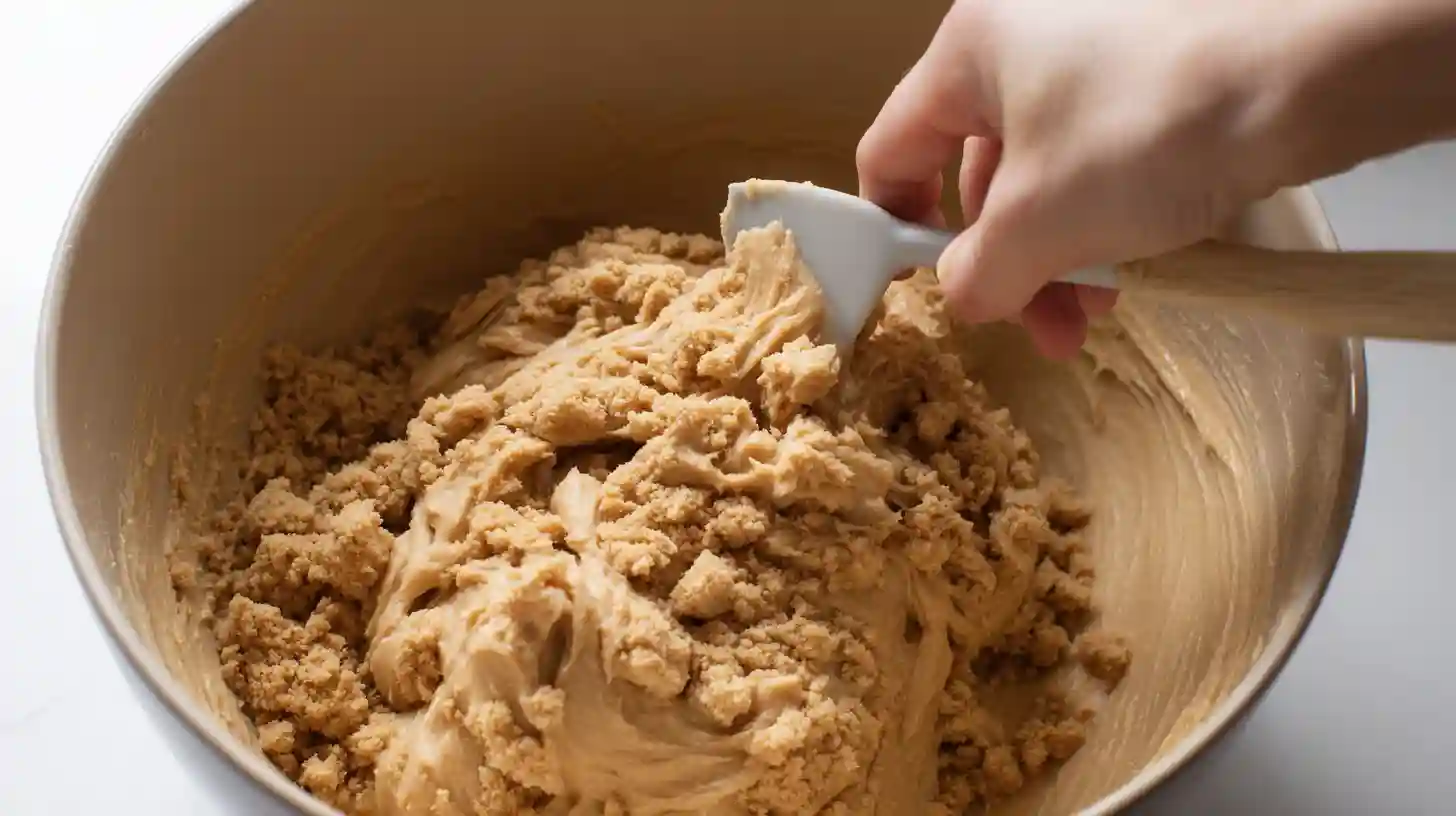 Folding graham cracker crumbs into peanut butter cheesecake filling for no-bake dessert recipe