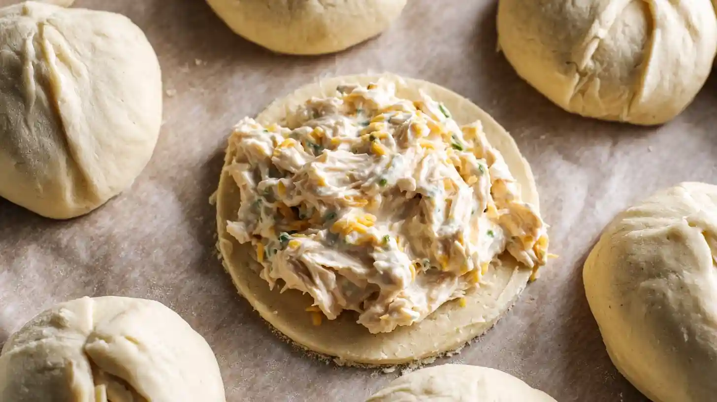step2-shaping-cheesy-ranch-chicken-bombs Easy stuffed biscuit bombs with ranch chicken filling – quick dinner idea for beginners and kid-friendly baked chicken snacks.