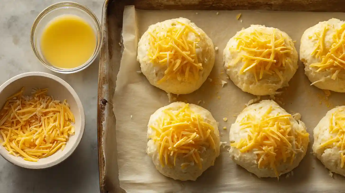 step3-brush-and-top-cheesy-ranch-bombs Brushing biscuit bombs with ranch butter and cheddar – kid-friendly baked chicken snacks and easy cheesy dinner idea.