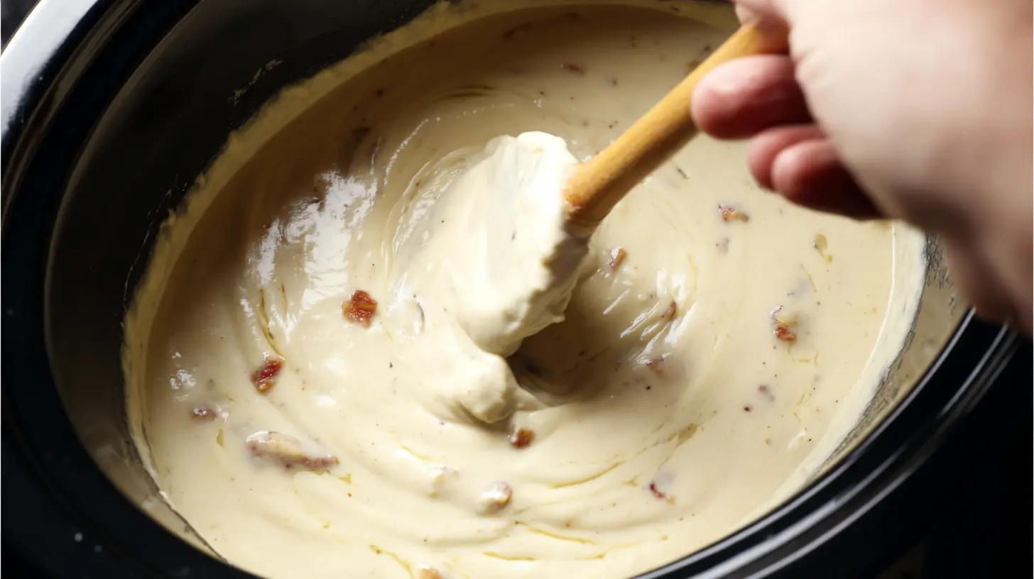 step3-stirring-creamy-crack-potato-soup-slow-cooker Stirring rich and creamy crockpot potato soup before serving – melty cheese and bacon slow cooker recipe for comforting family dinners.