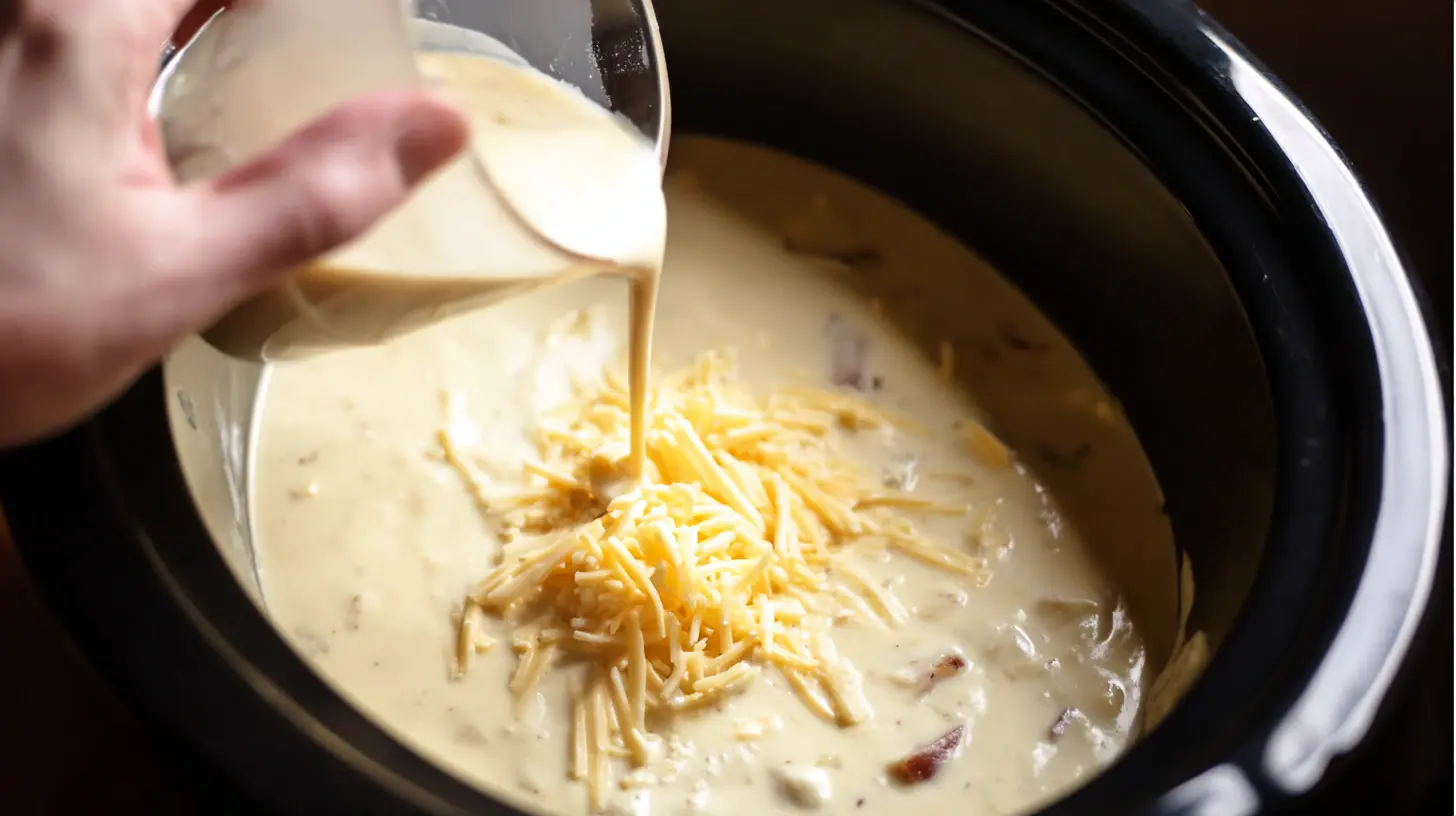 step4-add-cheddar-and-half-and-half-creamy-crockpot-potato-soup Adding shredded cheddar and half and half to rich creamy crockpot potato soup – easy cheesy slow cooker dinner recipe for families and comfort food lovers.