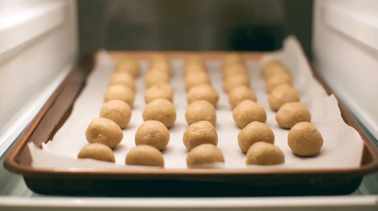 Chilling no-bake peanut butter cheesecake balls in refrigerator for firm texture