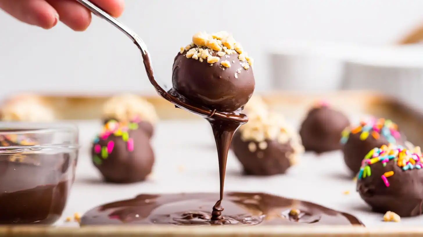 Dipping no-bake peanut butter cheesecake balls in melted chocolate and topping with sprinkles