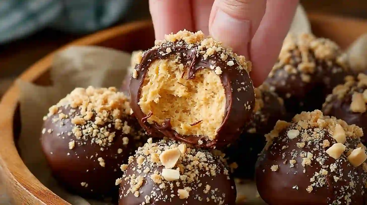 Chilling no-bake peanut butter cheesecake balls for glossy chocolate coating and creamy bite