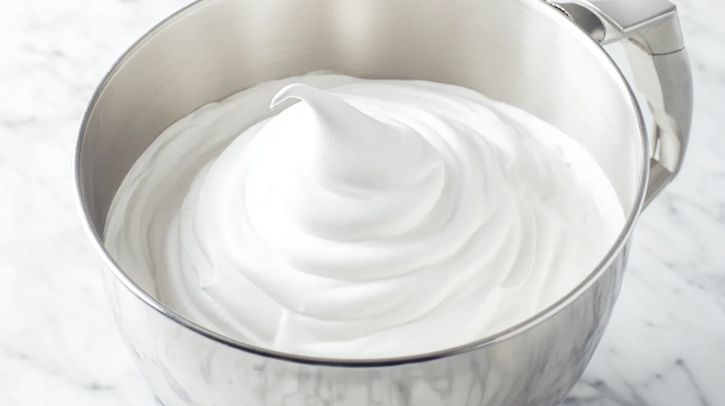 Glossy stiff peak meringue in a mixing bowl on white marble, made from egg whites, sugar, and cream of tartar for homemade pie topping.