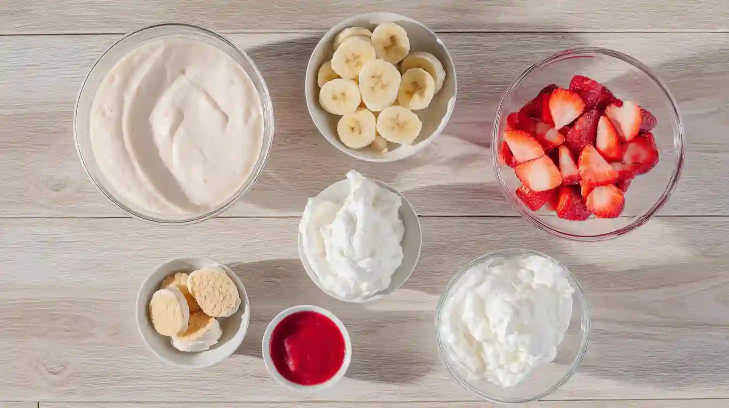 Flat lay of Strawberry Banana Pudding Dream Recipe ingredients including vanilla pudding, whipped cream, sliced bananas, strawberries, crushed vanilla wafers, and strawberry glaze