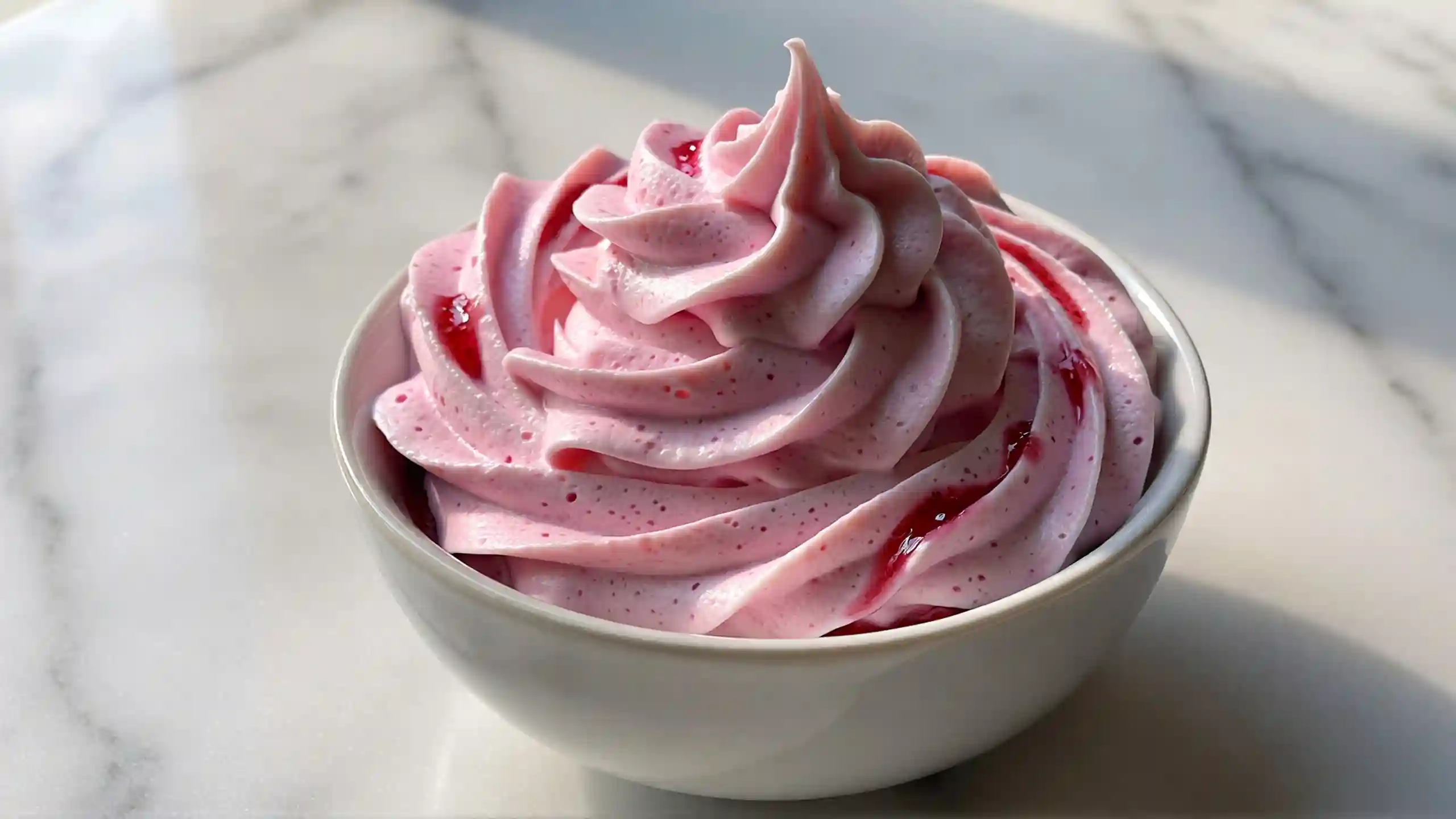 Fluffy strawberry Cool Whip topping made with real fruit preserves and whipped cream in a white bowl on marble surface — perfect for summer desserts, fruit dips, and easy no-bake recipes.Delicious and Easy Cool Whip Flavor Variations